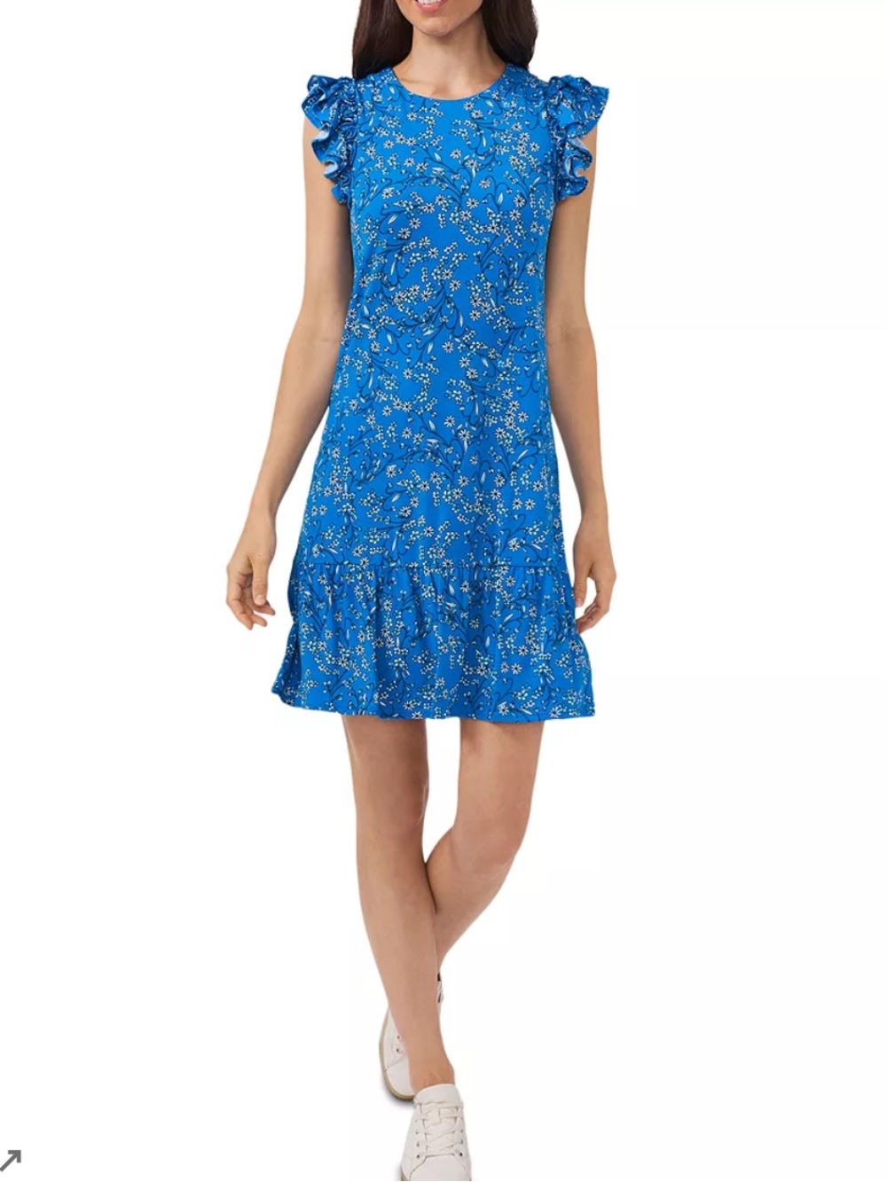Cece Garden Floral Flutter Sleeve Crepe Dress Blue Ruffle Hem Shift Mini M